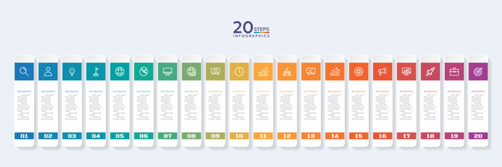 Infographic template with 20 options for presentation and data visualization. Diagram with twenty steps to success