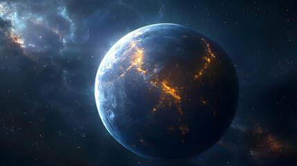Obraz premium A glowing planet with city lights against a starry background.