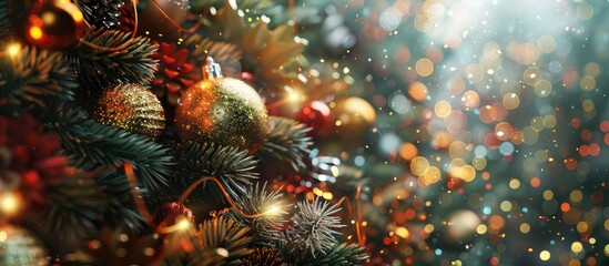 Fototapeta premium Christmas tree adorned with gold ball ornaments and light bulbs. with copy space image. Place for adding text or design