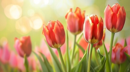 Macro photo tulip flower closeup with sun light bright blooming petal background