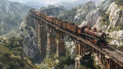 Show a cargo train crossing a series of trestle bridges in a mountainous region, with panoramic views of the valleys below