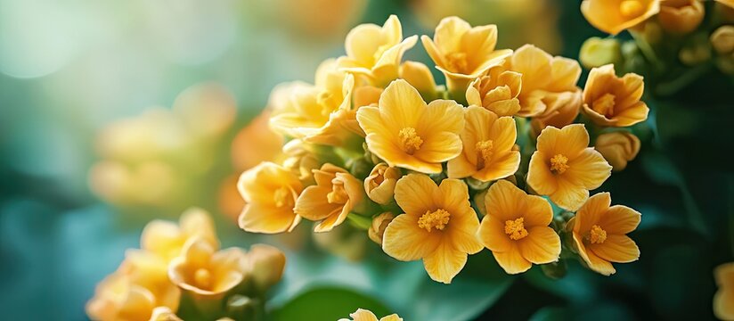 Yellow calanchoe blooms Yellow flowers against a yellow backdrop Close up Copy space