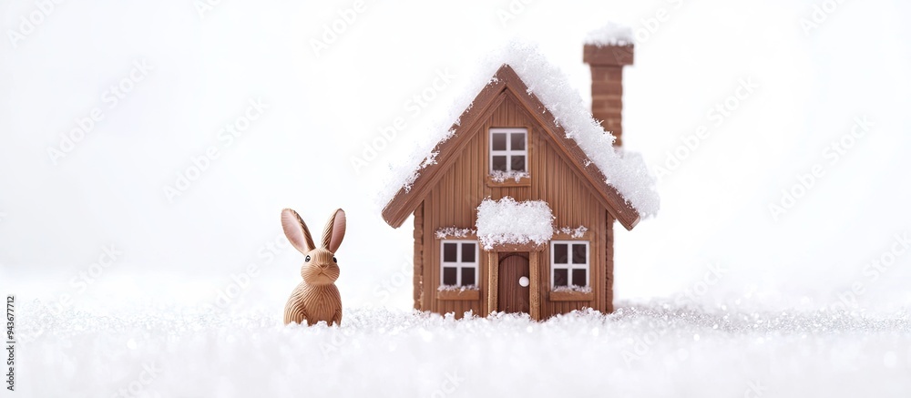 Poster Christmas toy house with bumps and a rabbit on a white background. with copy space image. Place for adding text or design