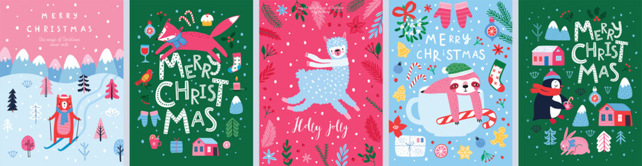 Christmas card set - hand drawn cute flyers. Postcards with lettering and Christmas graphic elements. Xmas prints. Vector illustration.