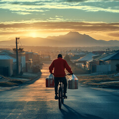  South-African delivery man delivering presents with a bike to businesses during sunrise 