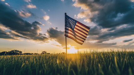 American Flag at Sunset in a Grassy Field