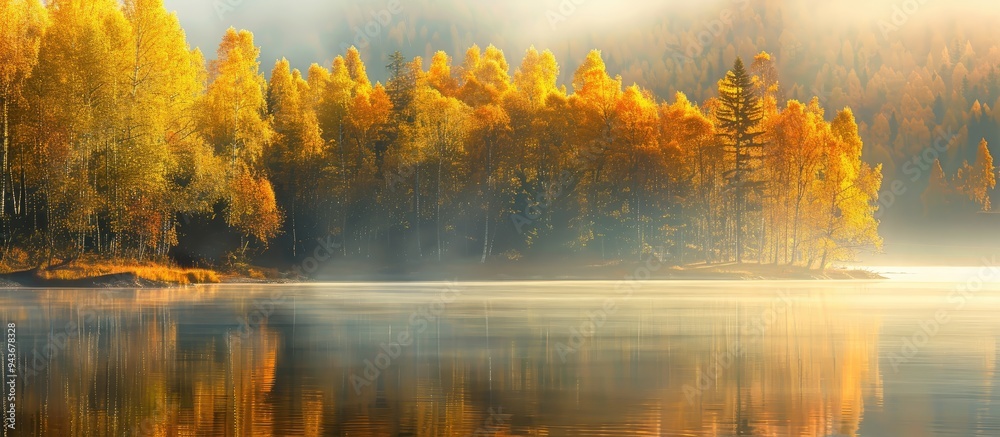Leinwandbilder autumn colored foggy lake. with copy space image. place for adding text or design