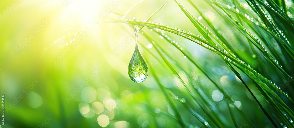 Fototapete Close up of fresh grass with dew drops A drop hangs from the grass Spring themed image for the background. with copy space image. Place for adding text or design