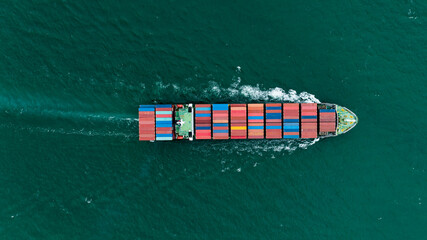 logistic cargo container ship sailing in sea to import export goods and distributing products to...