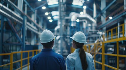 Two workers in hard hats and safety vests walking through industrial warehouse with high shelves and yellow safety railings showcasing logistics and safety