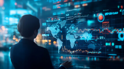 business professional analyzing currency exchange rates on a digital screen, with a world map and international trade symbols in the background, reflecting the impact on global trade and investment