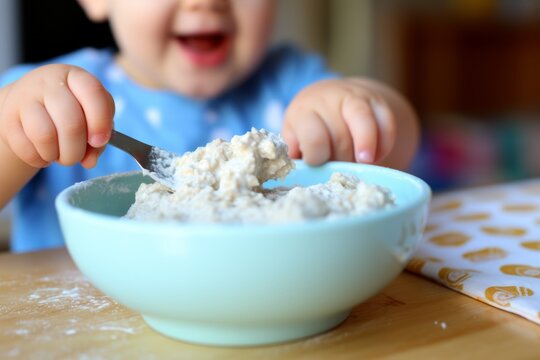 Close up of a happy baby delighting in a nutritious bowl of warm porridge during mealtime fun