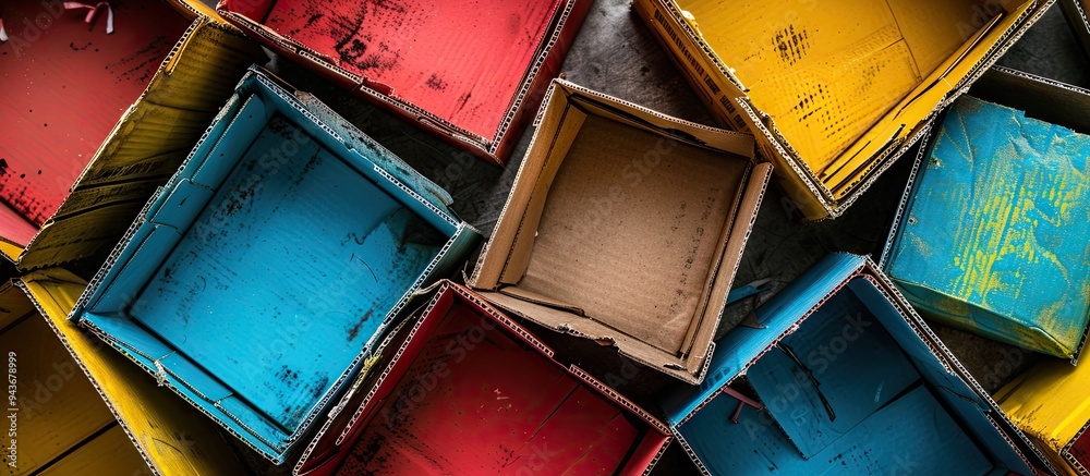 Poster Empty cardboard boxes on a colored background. with copy space image. Place for adding text or design