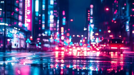 Obraz premium Vibrant Rainy Night City Street with Glowing Neon Lights and Traffic