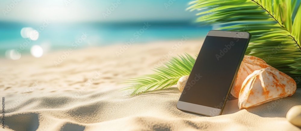 Poster summer beach featuring a smartphone on a sandy outdoor setting. with copy space image. place for add