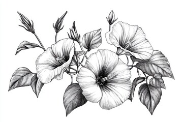 Fototapeta premium Black and white Vintage engraved art of moonflower vines, isolated on white background, ink sketch illustration, simple vector art design, highly detailed line art, high contrasty 