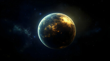 Fototapeta premium A glowing, gold-colored planet against a dark, starry sky.