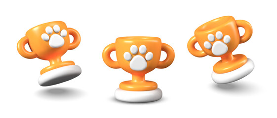 Gold cup with paw print. Trophy in tournament for pets