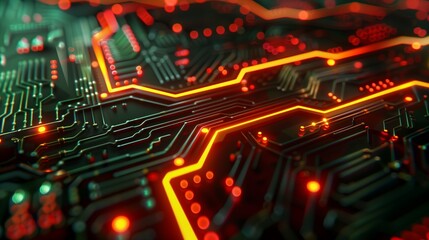 Circuit pathway digital technology  with orange light line connecting data broad