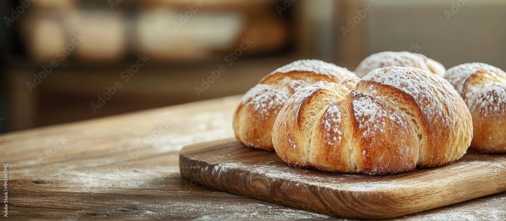 Aufkleber Breads on a wooden board dusted with icing sugar on a wooden table for breakfast. with copy space image. Place for adding text or design