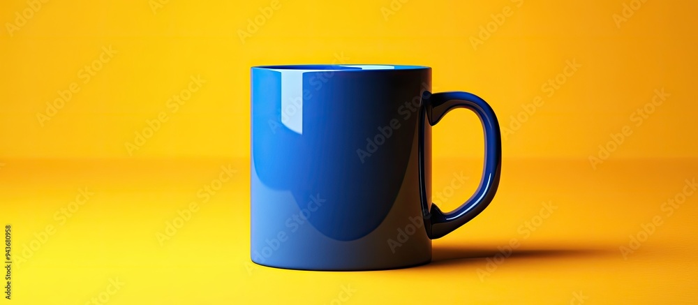 Poster Blue mug set against a yellow background. with copy space image. Place for adding text or design