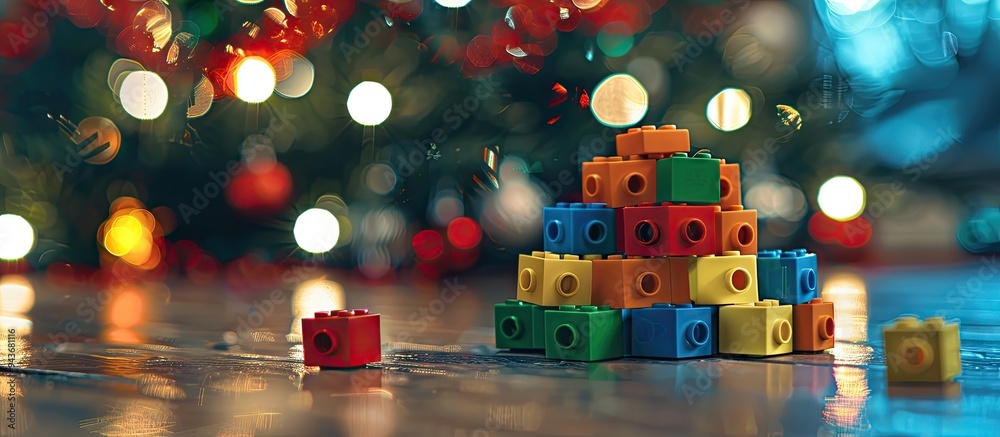 Poster x mas sayings formed with toy blocks on a christmas card background featuring copy space