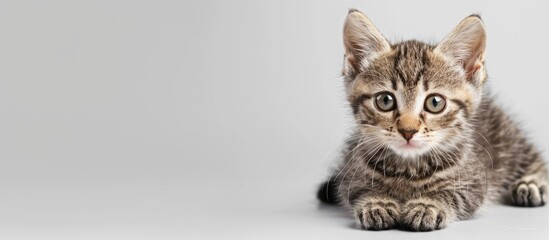 Obraz premium A curious kitten peers down at an empty white banner set against a white background. with copy space image. Place for adding text or design