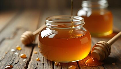 Honey with wooden honey dipper on wooden table, Natural organic honey in glass jar, honey dipper and honeycombs are near. Natural food background.