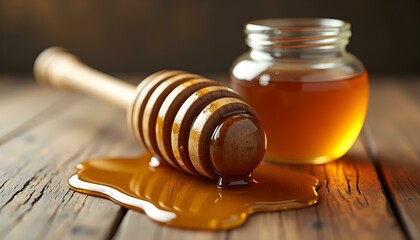 Honey with wooden honey dipper on wooden table, Natural organic honey in glass jar, honey dipper and honeycombs are near. Natural food background.