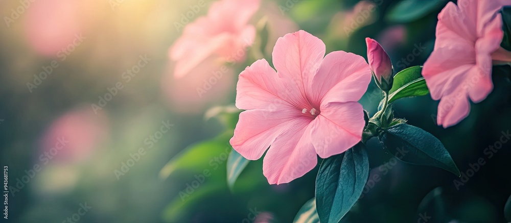 Aufkleber image of pink flowers with green leaves taken during the day. with copy space image. place for addin