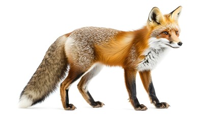 Fototapeta premium Curious Red Fox Standing with Fluffy Tail on White Background