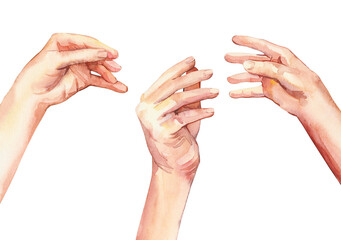 Set of watercolor people hands in various poses illustration on white background. DIY elements for bar menu, social media, collages and posters