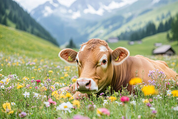 happy brown cow on the alpine pasture between alpine roses and other blooming flowers. beef on the flowered meadows from three stage alpine farming at the lake of Brand. wonderful place in Vorarlberg
