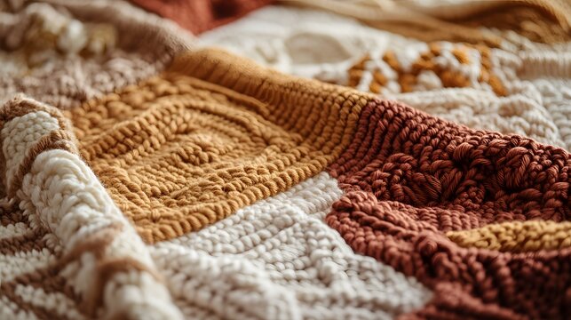 Close-up of intricate crochet patterns with soft, textured yarn in warm, earthy tones