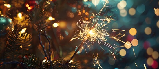 Fototapeta premium Christmas and New Year celebration sparkler with an abstract circular bokeh background of Christmas lights. with copy space image. Place for adding text or design