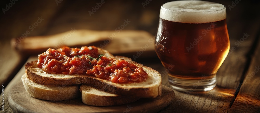 Poster tapas a few toasted bread slices topped with canned tuna in tomato sauce accompanied by a glass of c