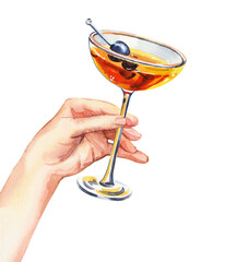 Set of watercolor hands holding summer aperitif cocktails glass simple sketch illustration on white background. DIY elements for bar menu, social media, collages and posters