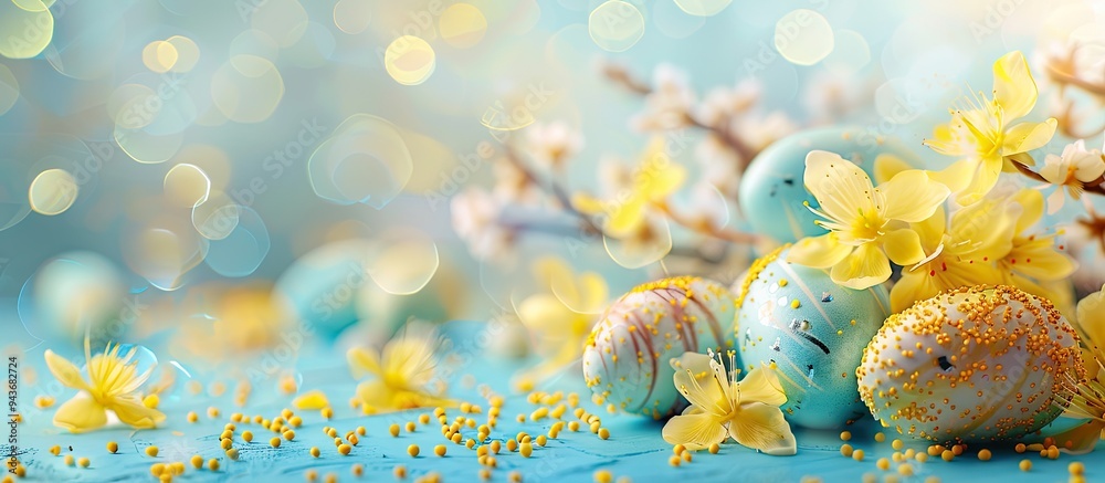 Poster Easter card featuring flowers and Easter eggs designed like sweets Yellow theme. with copy space image. Place for adding text or design