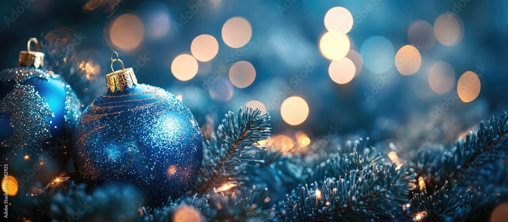 Poster Christmas and New Year holidays blue color blurred background Gorgeous sparkling texture for all festivities Selective focus. with copy space image. Place for adding text or design