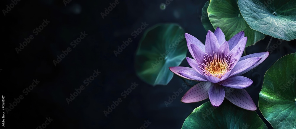 Poster blooming purple lotus flower alongside green leaves with a dark background. with copy space image. p