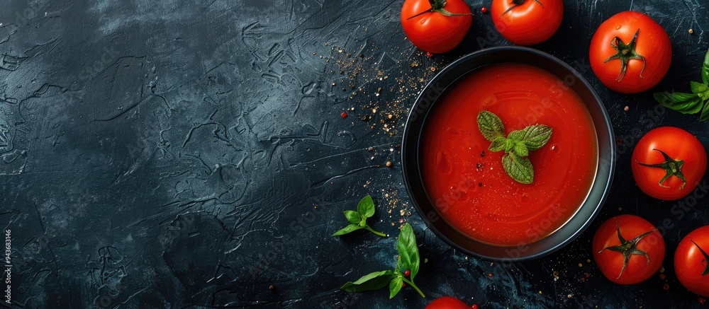 Poster red tomato soup with vegetables vegetarian dish without meat as the first course top view food backg