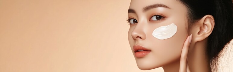A young woman applies a soothing facial mask while showcasing her skincare routine against a warm, neutral background