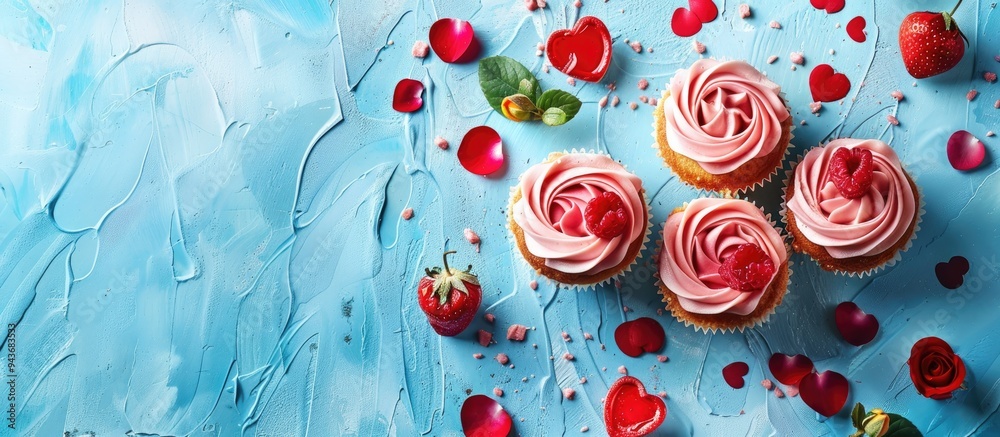 Poster valentine s day a frame of rose flowers with heart shaped mousse cakes on a blue background flat lay