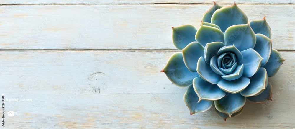 Poster large blue rose succulent plant photographed from above on a whitewashed wood background a nature an
