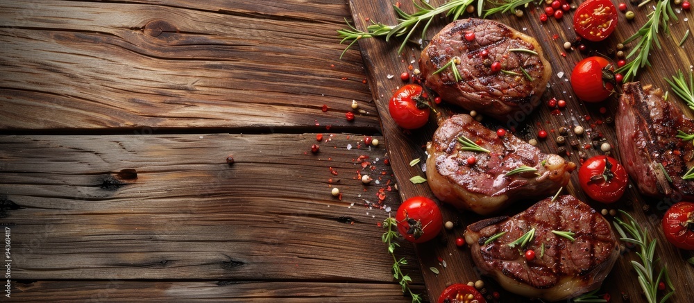 Fototapete fresh steaks seasoned with herbs and spices on a wooden table. with copy space image. place for addi