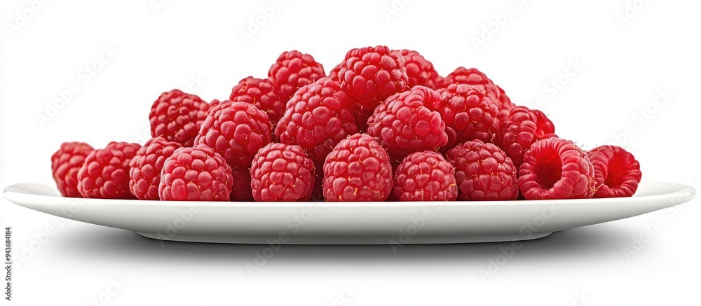 Poster a plate piled with red raspberries isolated on white. with copy space image. place for adding text o