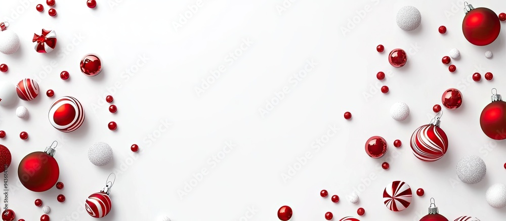 Poster christmas ornaments baubles and red candies on a white background holiday decoration greeting card t