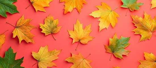 Golden autumn theme A pattern of yellow green and orange maple leaves on a coral background Top view Fall colors. with copy space image. Place for adding text or design