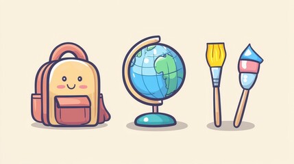 This colorful arrangement showcases fun education icons, including a smiling backpack, a globe, and artistic brushes, perfect for learning