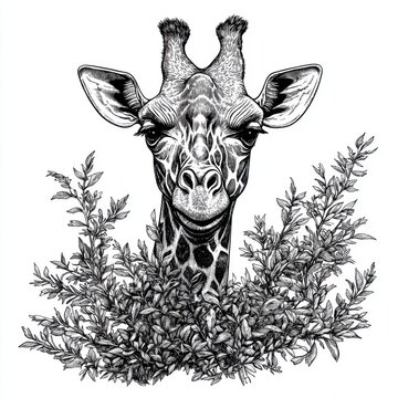 Black and white Vintage engraved art of a giraffe with its head among acacia and thorny bush leaves, isolated on white background, ink sketch illustration, simple vector art design, highly detailed 